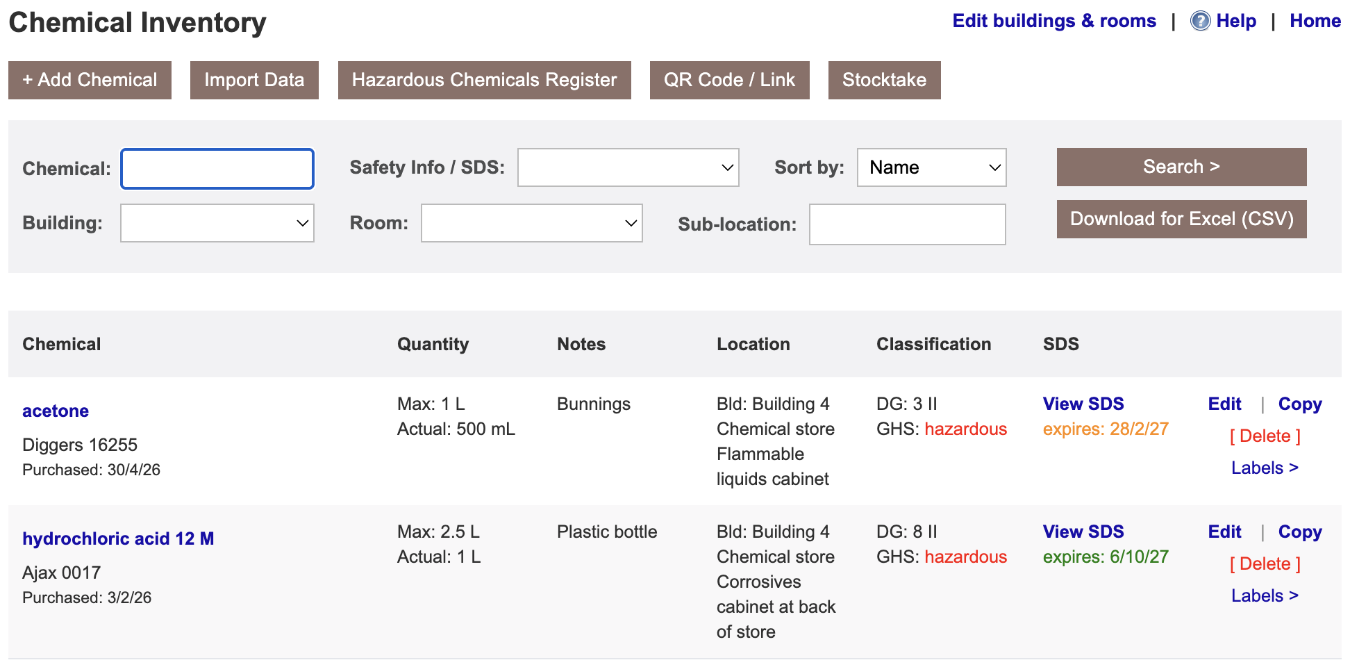 Chemical inventory screen